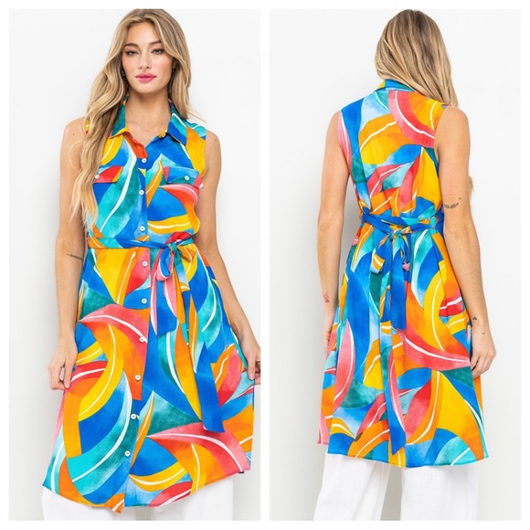 23 Fabulous Multi Color Button Up Dress With Self-tie - Picture 2 of 4